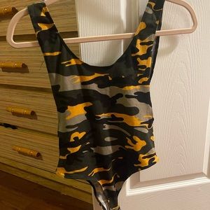 Camo print, fashion nova, high cut bodysuit size small
